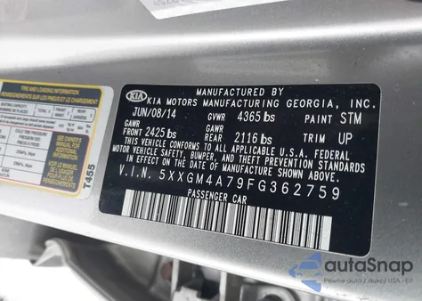 2015 Kia Optima Lx z USA, uszkodzony, nr VIN 5XXGM4A79FG362759